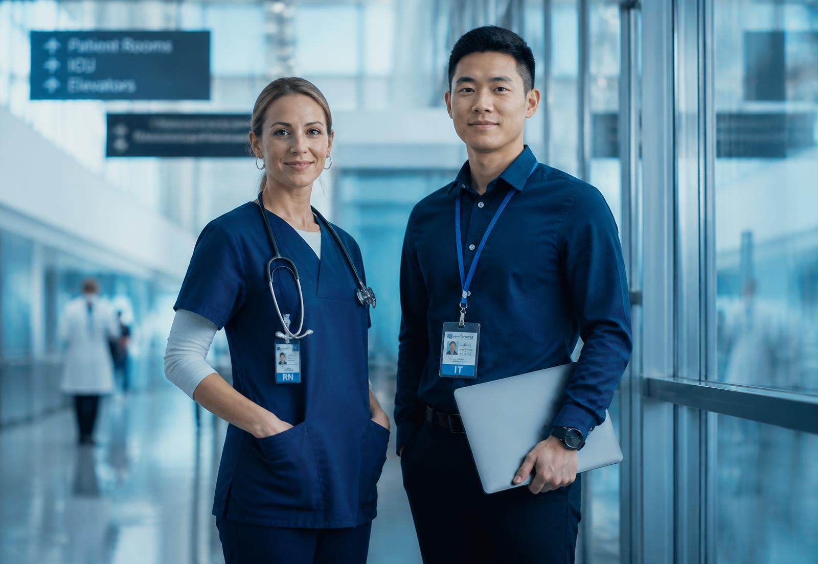 A registered nurse and an IT engineer in a modern international hospital corridor